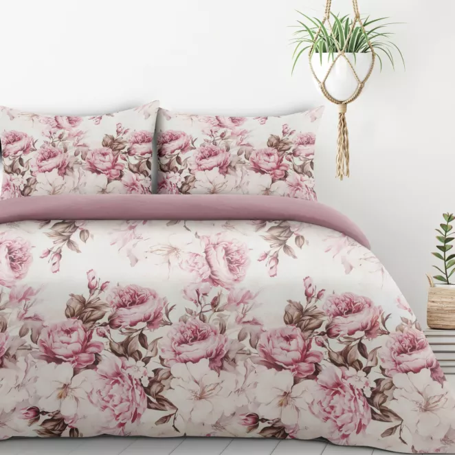 Pościel 140x200 cm komplet 2 częściowy kolor kremowo, różowy z motywem peoni PEONY1 Design 91