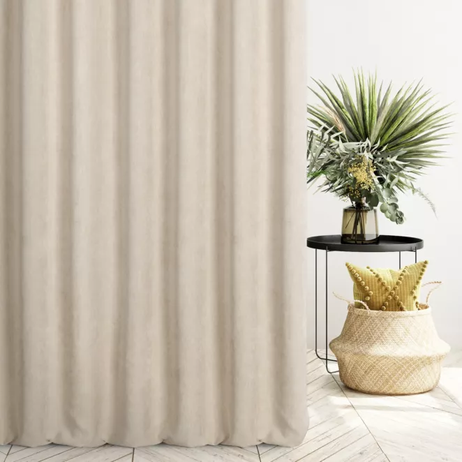 Zasłona szyta na flexach ciemnokremowa z miękkiej matowej tkaniny szenilowej o naturalnym splocie