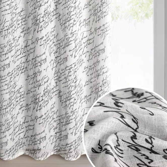 Zasłona kolor naturalny, czarny z tkaniny z dodatkiem lnu zdobiona oryginalnym nadrukiem 140x250 cm przelotka - EDITH