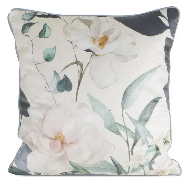 Poszewka na poduszkę 45x45 kremowa, zielona welwetowa z subtelnym motywem kwiatów  ROSITA 1