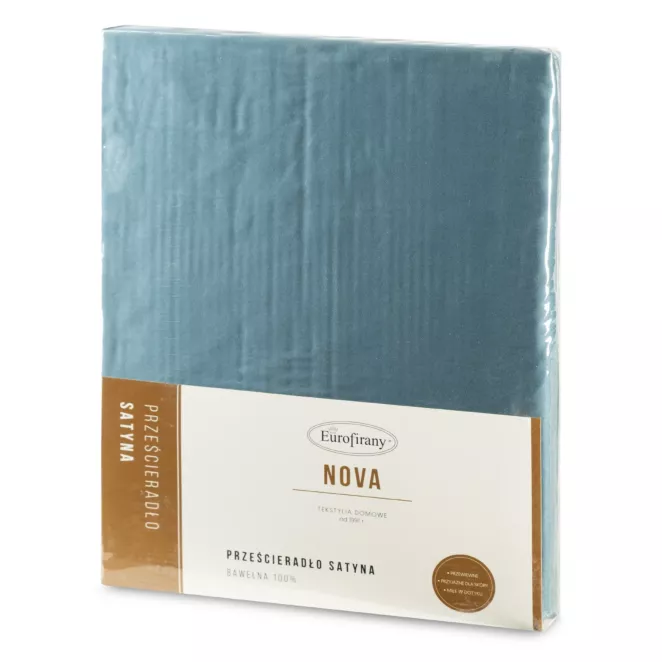 Prześcieradło gładkie bez gumki 180x210 cm z satyny bawełnianej kolor niebieski 125 g/m2 NOVA