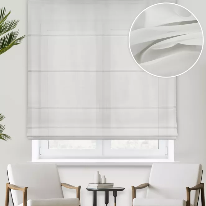 Roleta rzymska kremowa półprzezroczysta, z matowego woalu, o niestandardowej wysokości 340cm, wykończona obciążnikiem