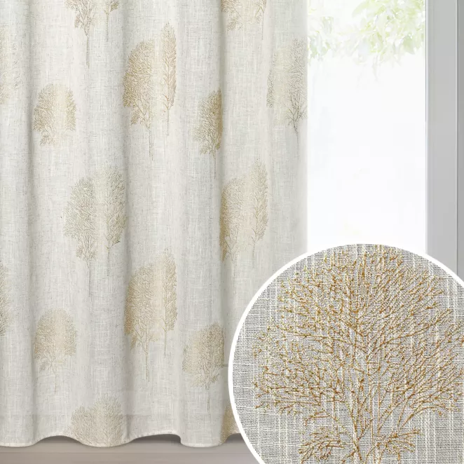 Zasłona naturalna o naturalnym splocie zdobiona wypukłym wzorem drzew 140x250 cm złote przelotki - SALINA