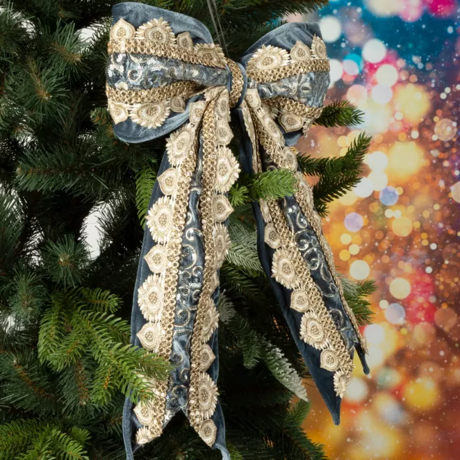 Ozdoba choinkowa KOKARDA z welwetu zdobiona szampańskimi  dodatkami