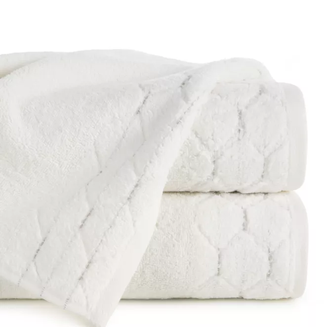 Ręcznik kąpielowy 50x90 cm bawełniany kolor kremowy z welwetową geometryczną bordiurą 500 g/m2 LUMIA