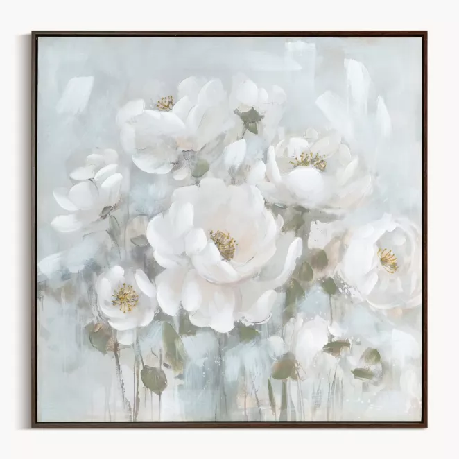 Obraz kremowo, błękitny ręcznie malowany w bukiet subtelnych kwiatów na płótnie 80x80 cm