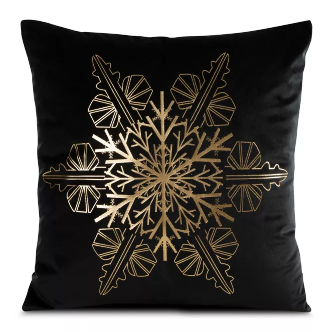 Poszewka na poduszkę 45x45 cm welwetowa, czarno złota zdobiona śnieżynkami JOY