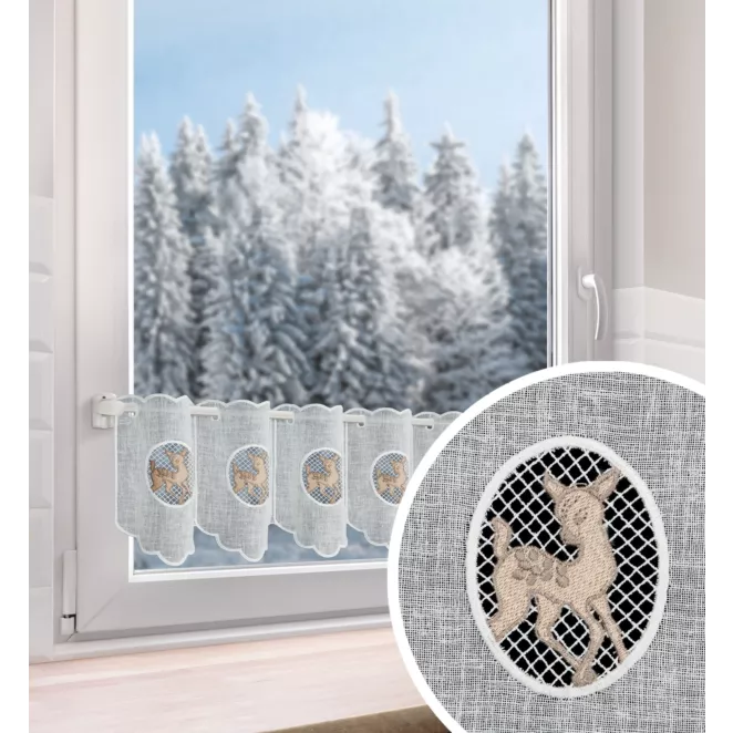 Tkanina firanowa zazdrostka z etaminy zdobiona świątecznym haftem jelonka