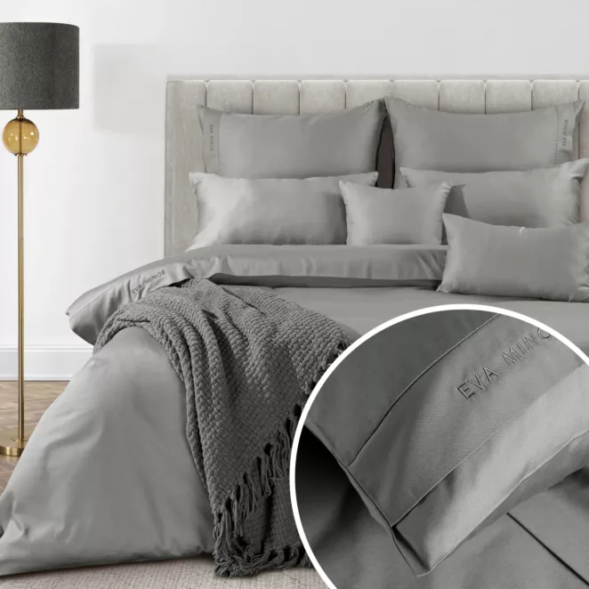 Pościel 140x200 cm komplet 2 częściowy z bawełny, makosatyny kolor stalowy z ozdobną kantą i haftem kolekcja MINGE ELEGANTE
