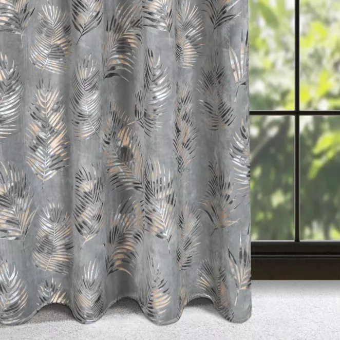 Zasłona welwetowa stalowo, szampańska z błyszczącym nadrukiem palmowych liści 140x250 cm przelotka - GLORIA 2