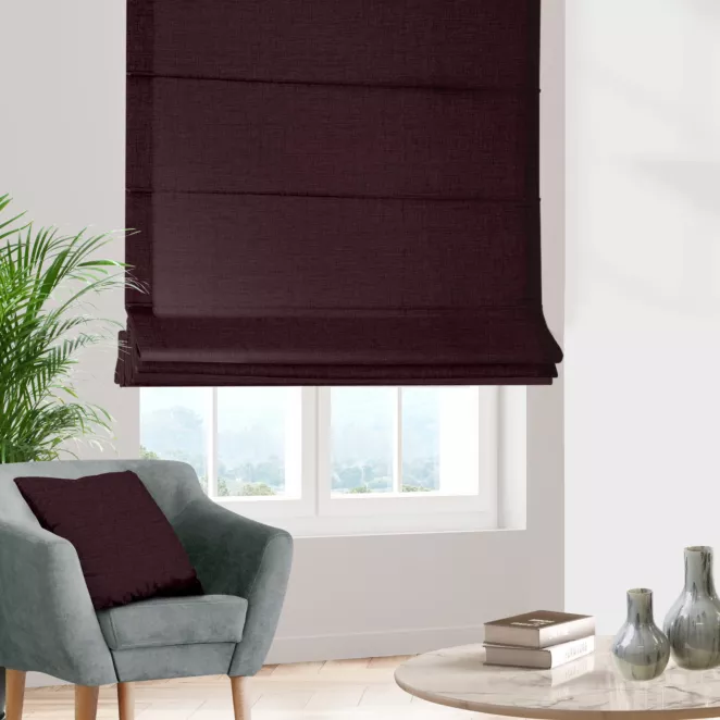 Roleta rzymska bordowa z tkaniny w stylu eko o naturalnym splocie