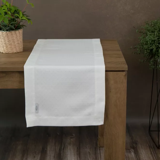Bieżnik na stół biały 40x200 cm ELLEN zdobiony drobnymi srebrnymi kropkami i elegancką listwą
