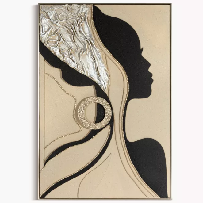 Obraz beżowo, czarny ręcznie malowany z motywem sylwetki kobiety oprawiony w ramę 82x122 cm