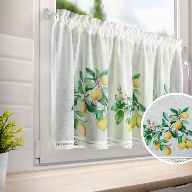 Zazdrostka biało, zielona z etaminy zdobiona nadrukiem cytryn 60x150 cm tunel CLOE