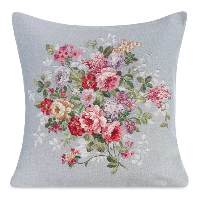 Poszewka na poduszkę 45x45 cm gobelinowa popielato, różowa zdobiona tkanym motywem kwiatowym GOB