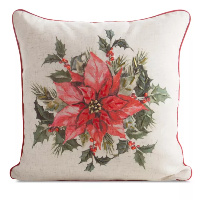 Poszewka na poduszkę świąteczna 45x45 cm o strukturze lnu beżowo, czerwona zdobiona nadrukiem gwiazdy betlejemskiej