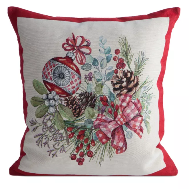 Poszewka na poduszkę świąteczna 45x45 cm gobelinowa popielato, czerwona  zdobiona motywem świątecznym