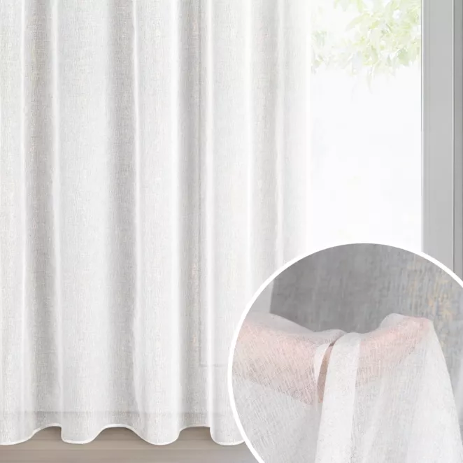 Firana biało, szampańska z etaminy zdobiona nakrapianym błyszczącym wzorem 140x270 cm taśma LUCILA