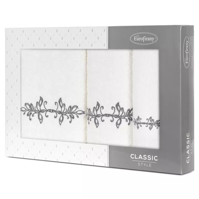 Zestaw ręczników bawełnianych na prezent 3 szt kolor kremowy,grafitowy z haftem z motywem ornamentu roślinnego 380g/m2 KAMELIA