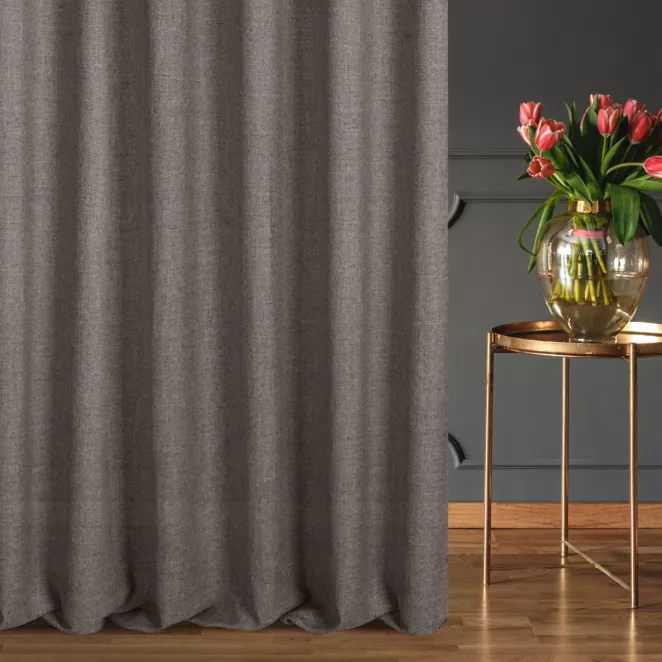 Zasłona szyta na taśmie 5 cm szara z miękkiej tkaniny w stylu eko, z efektem melanżu, przetykana metaliczną nicią