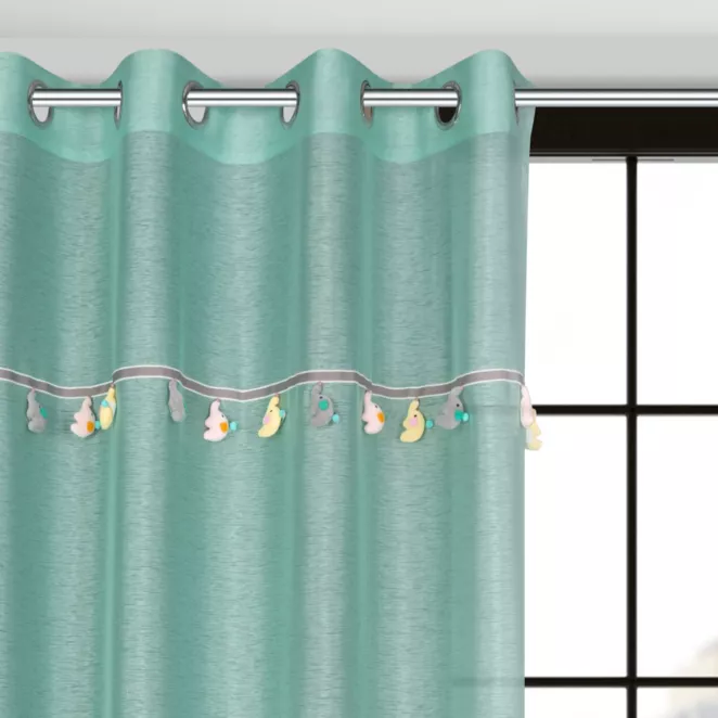 Firana miętowa z etaminy zdobiona taśmą dekoracyjną z wiszącymi trójwymiarowymi słonikami 140x250 cm przelotka KIDS