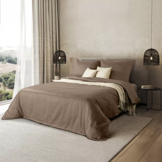 Pościel 140x200 cm satyna bawełniana kolor brązowy w drobne prążki VERA