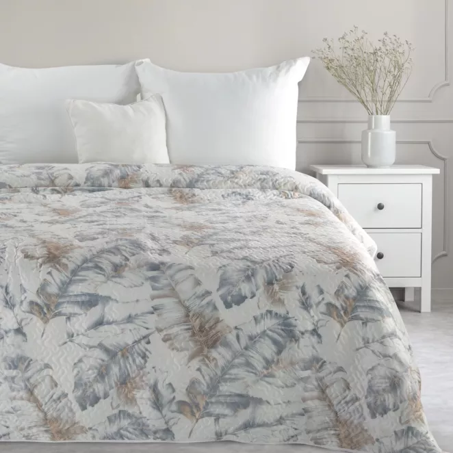Narzuta welwetowa biało, srebrna 200x220 cm zdobiona wzorem liści LAYLA