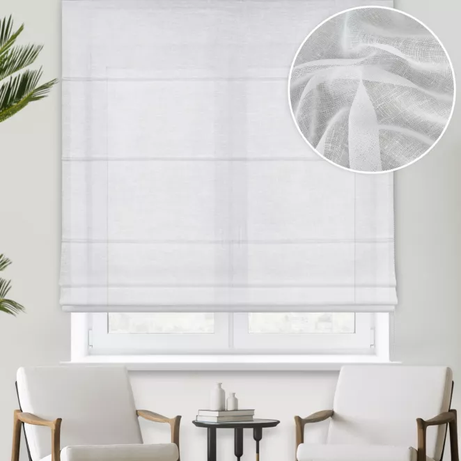 Roleta rzymska biała z matowej etaminy o naturalnym splocie
