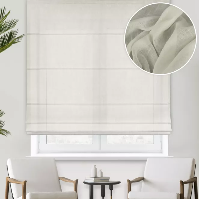 Roleta rzymska kremowa z delikatnej w dotyku etaminy w stylu eko z efektem kreszowania, wykończona obciążnikiem