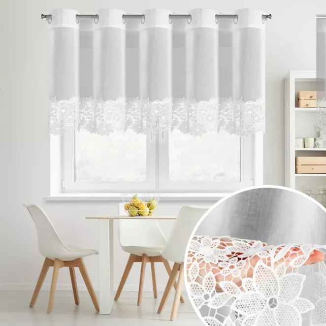 Firana biała z etaminy zdobiona ażurową koronką 200x70 cm, przezlotka - ARTEMIDA