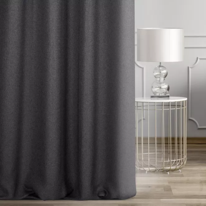 Zasłona szyta na taśmie 5 cm grafitowa z tkaniny o naturalnym splocie w stylu eko