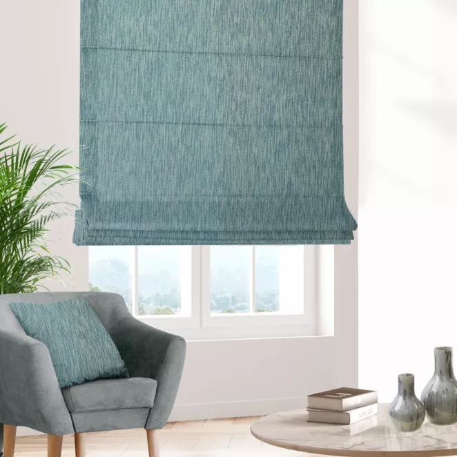 Roleta rzymska ELLEN turkusowa z grubotkanej tkaniny z efektem dwukolorowej nici i lekkim połyskiem Italissima Eva Minge