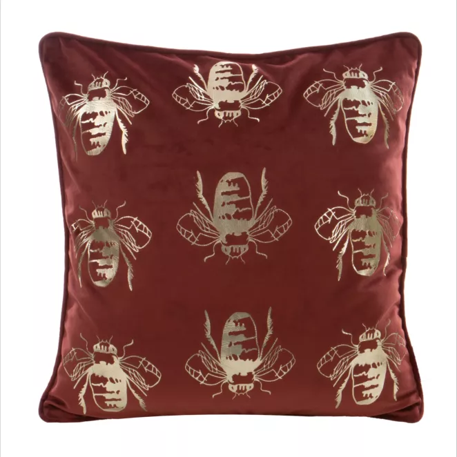 Poszewka na poduszkę 45x45 cm welwetowa, bordowo złocista z motywem pszczół BILNK
