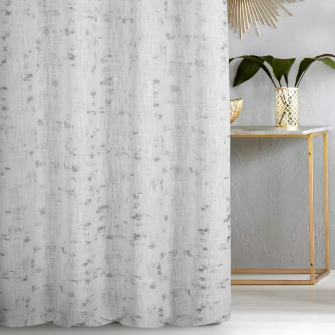 Zasłona szyta na taśmie 5 cm naturalno srebrzysta z tkaniny o naturalnym splocie, zdobiona błyszczcącym nadrukiem Italissima Eva Minge