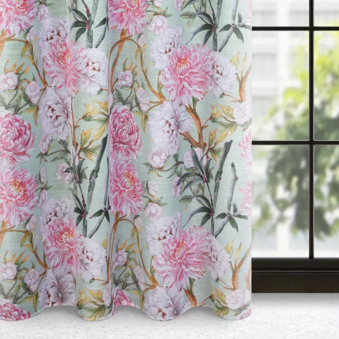 Zasłona miętowo, różowa ze wzorem kwiatów NYDIA 140x250 cm przelotka - NYDIA