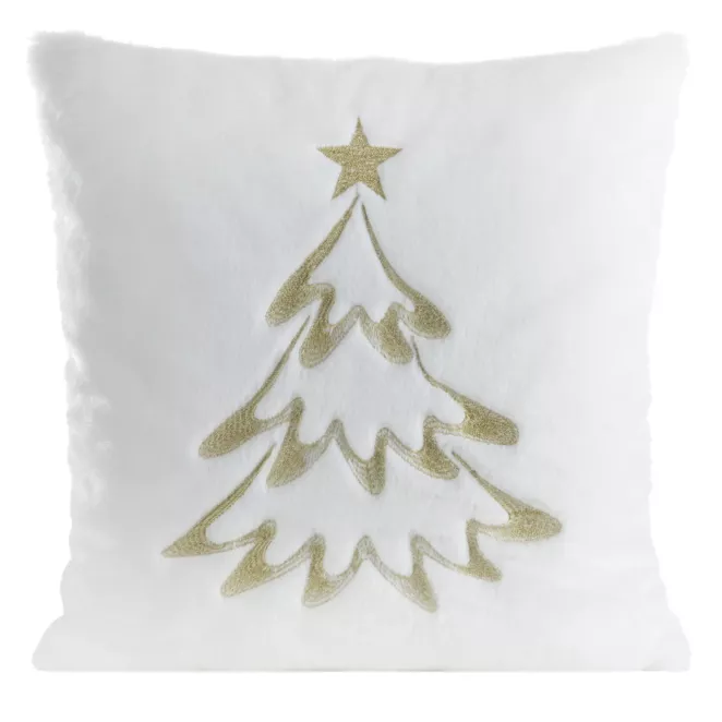 Poszewka na poduszkę świąteczna 45x45 cm biało, szampańska z przyjemnego futerka zdobiona haftem choinki
