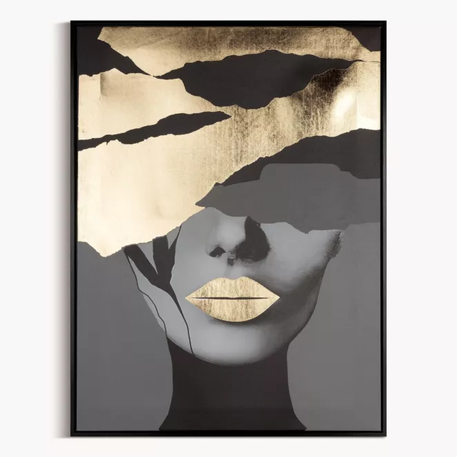 Obraz postaci czarno, złoty nadruk na płótnie oprawiony w czarną ramkę 60x80 cm