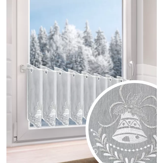 Tkanina firanowa zazdrostka z etaminy zdobiona świątecznym haftem dzwoneczków