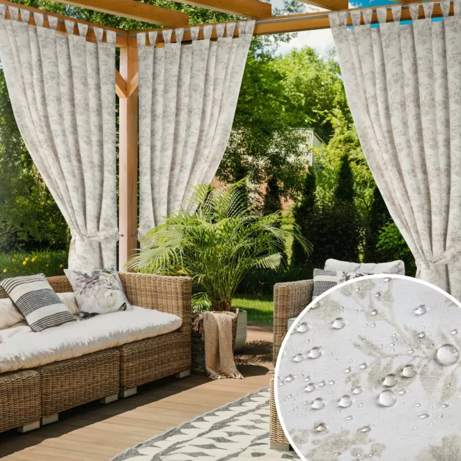 Zasłona kremowo, pudrowa z wodoodpornej tkaniny idealna do ogrodu i na taras 155x240 cm szelki/rzep GARDEN