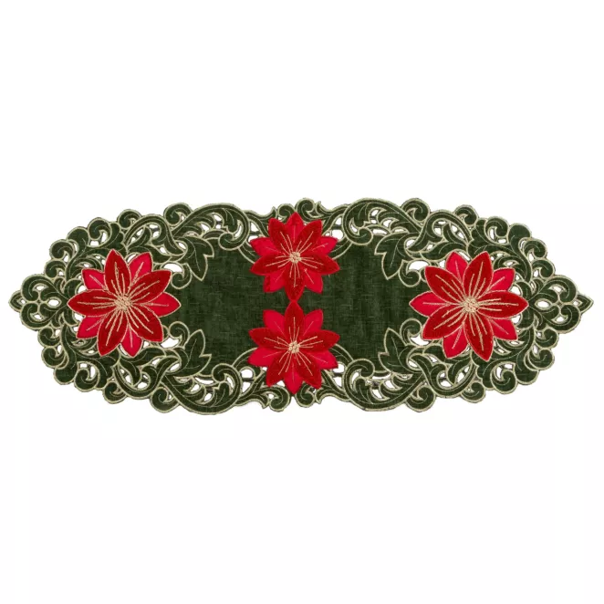Bieżnik świąteczny na stół 35x180 cm zielono, czerwony zdobiony haftem gwiazd betlejemskich