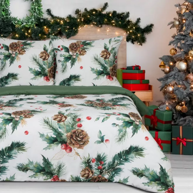 Pościel świąteczna 160x200 cm bawełniana kolor biały, zielony PINO