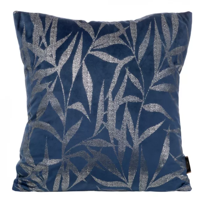 Poszewka na poduszkę 45x45 cm welwetowa kolor granatowy ze złocistym nadrukiem liści BLINK 22