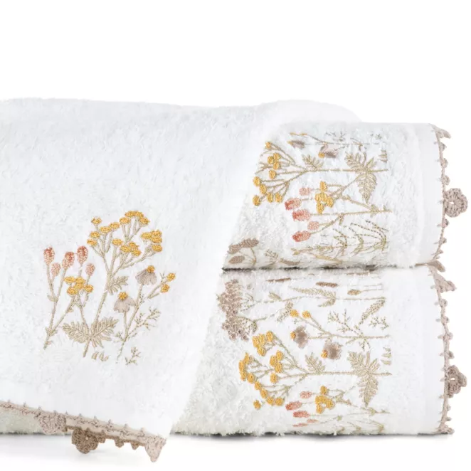 Ręcznik do rąk 30x50 cm bawełniany kolor biały z ozdobnym roślinnym haftem 480 g/m2 MELI - kolekcja FIORE