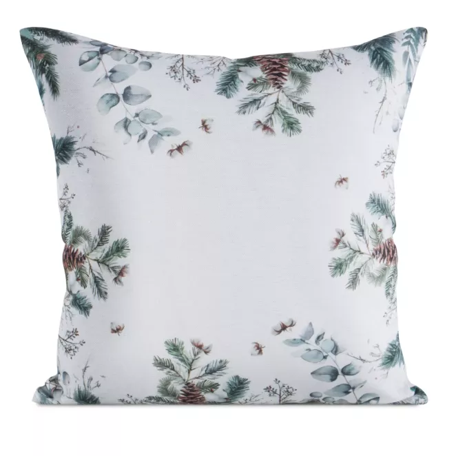 Poszewka na poduszkę świąteczna 45x45 cm biało, zielona zdobiona nadrukiem zimowym