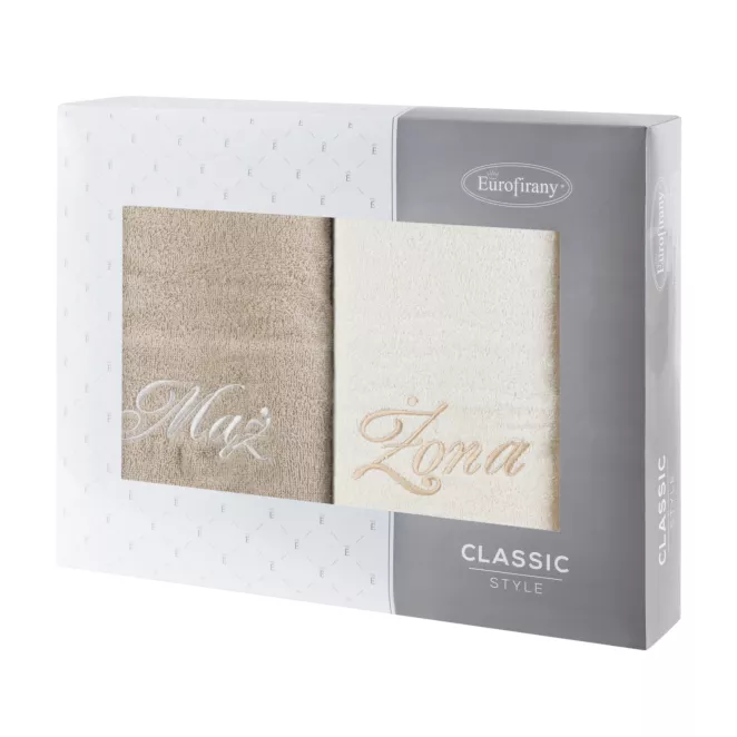 Zestaw ręczników bawełnianych na prezent 2 szt 50x90 cm z haftem Żona i Mąż kolor kremowy,beżowy 400 g/m2