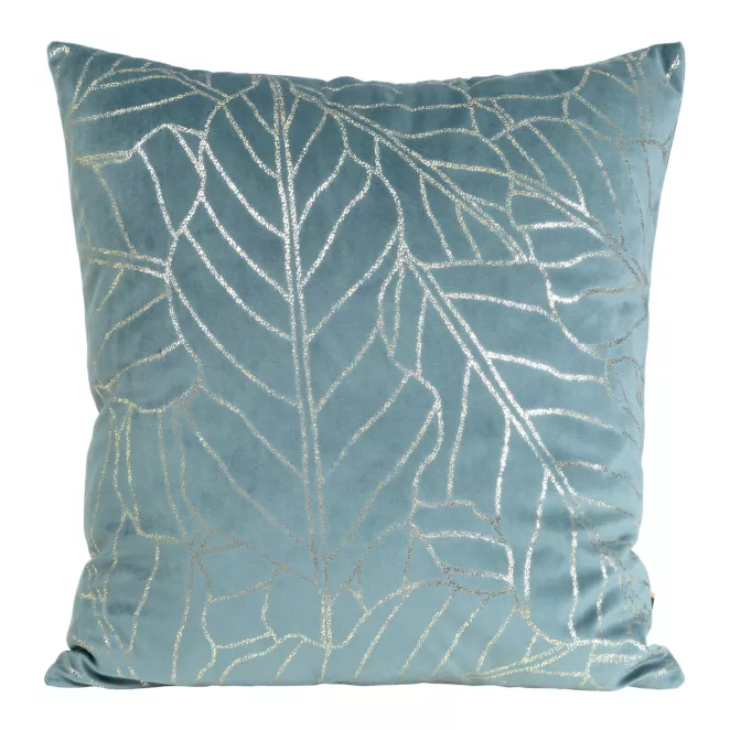 Poszewka na poduszkę 45x45 cm welwetowa niebieska z nadrukiem błyszczących liści BLINK 32