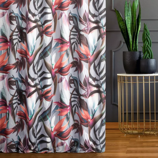 Zasłona szyta na taśmie 5 cm srebrno pomarańczowa z miękkiej tkaniny drukowanej w kolorowy botaniczny wzór