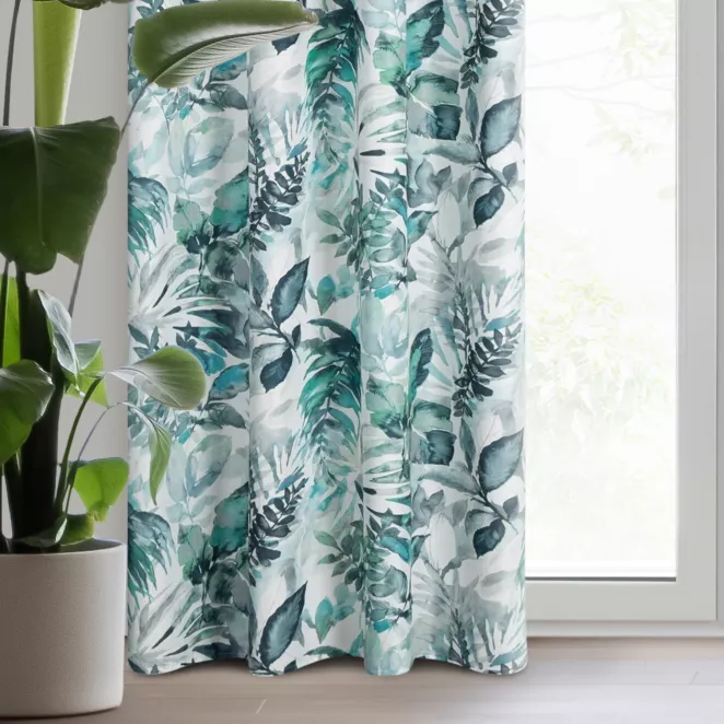 Zasłona biało, zielona w liście z tkaniny 140x270 cm taśma - ADELINE - Diva Line