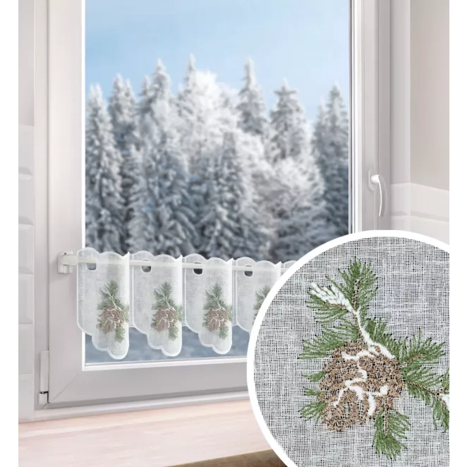 Tkanina firanowa zazdrostka z etaminy zdobiona świątecznym haftem z akcentem zimowym