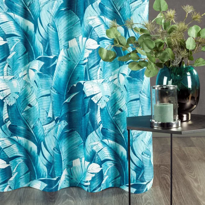 Zasłona niebiesko, błękitna wzór tropikalny 140x250 cm przelotka - LIZBONA